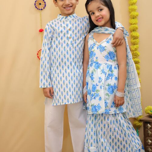Sibling Set - White & Blue - Kurta Pajama & Kurti Sharara Set