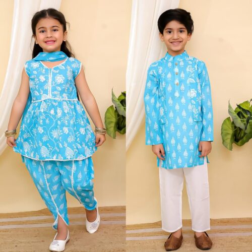 Blue Sibling Set - Kurta Pajama & Dhoti Kurti Set