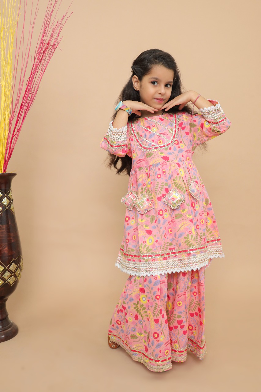 Pink Floral Sharara Set for Girls - Image 2